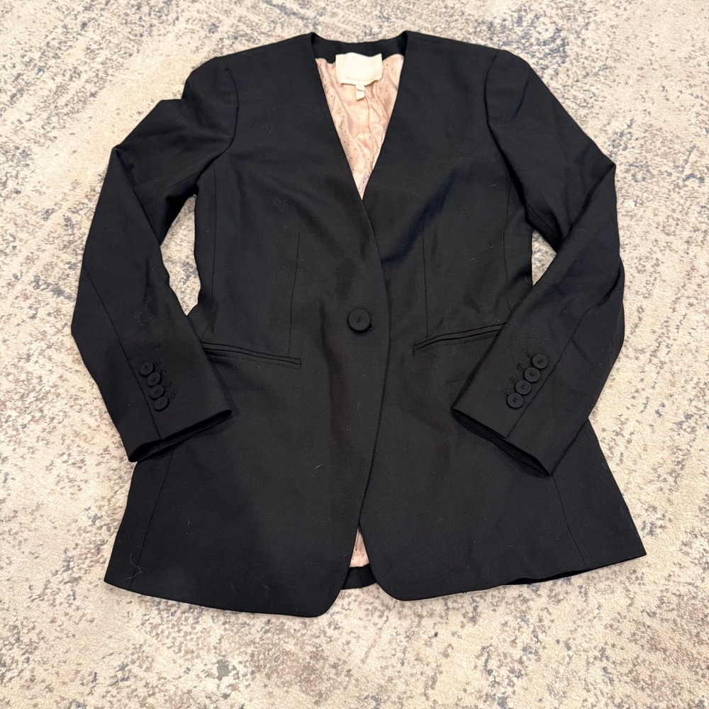 Rebecca Taylor Womens Black Wool Blend Collarless Single Button‎ Blazer Size 0